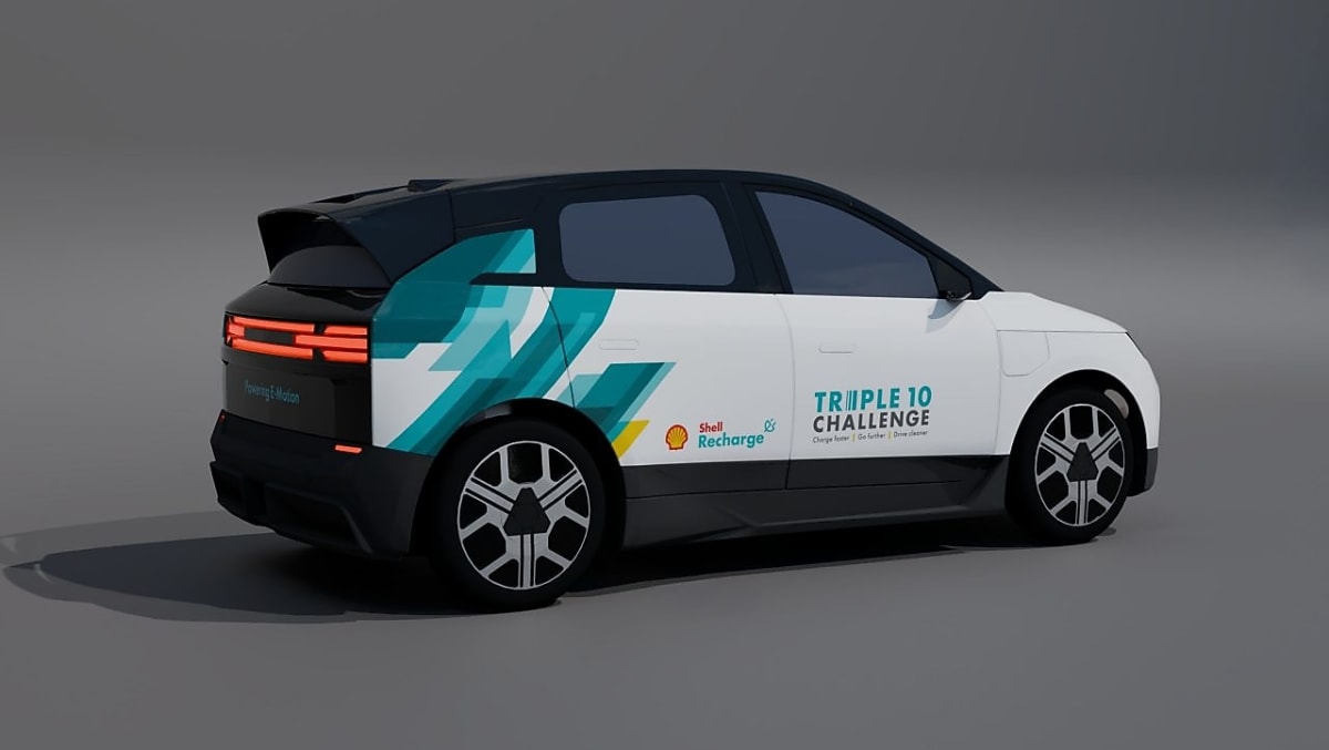 White compact electric concept car showcasing Shell's revolutionary fast-charging cooling fluid technology