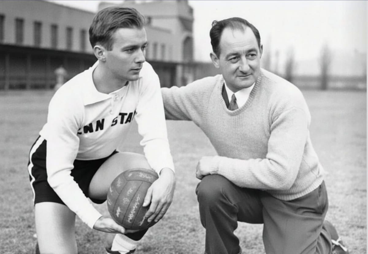 Black and white photo of Bill Jeffrey coaching soccer players at Penn State University