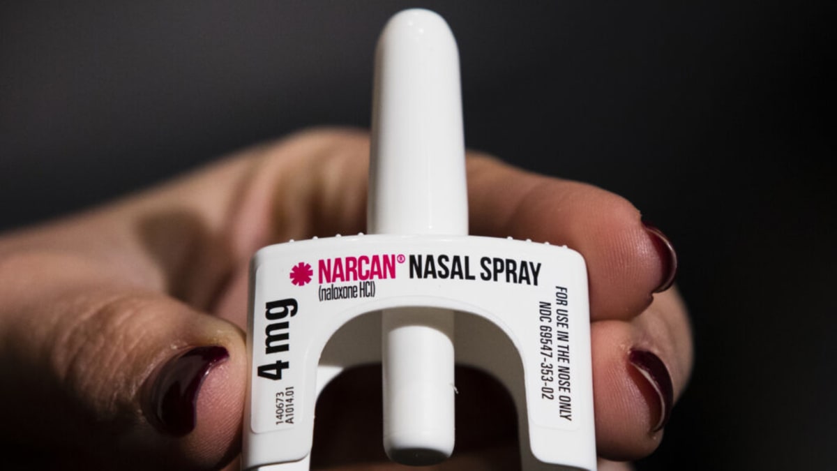 Naloxone nasal spray overdose reversal medication displayed during community training session