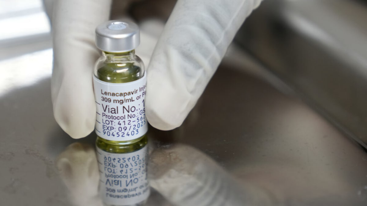 Medical vial and syringe representing twice-yearly HIV prevention injection treatment lenacapavir