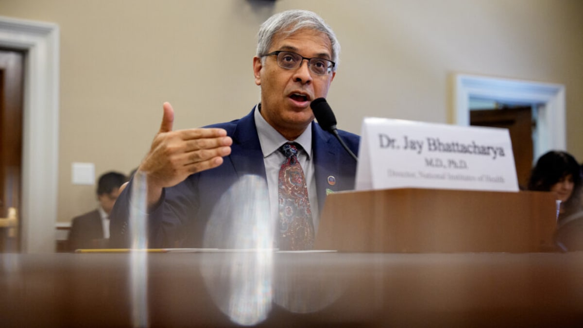 NIH Director Jay Bhattacharya testifying before House Appropriations subcommittee in Washington hearing room