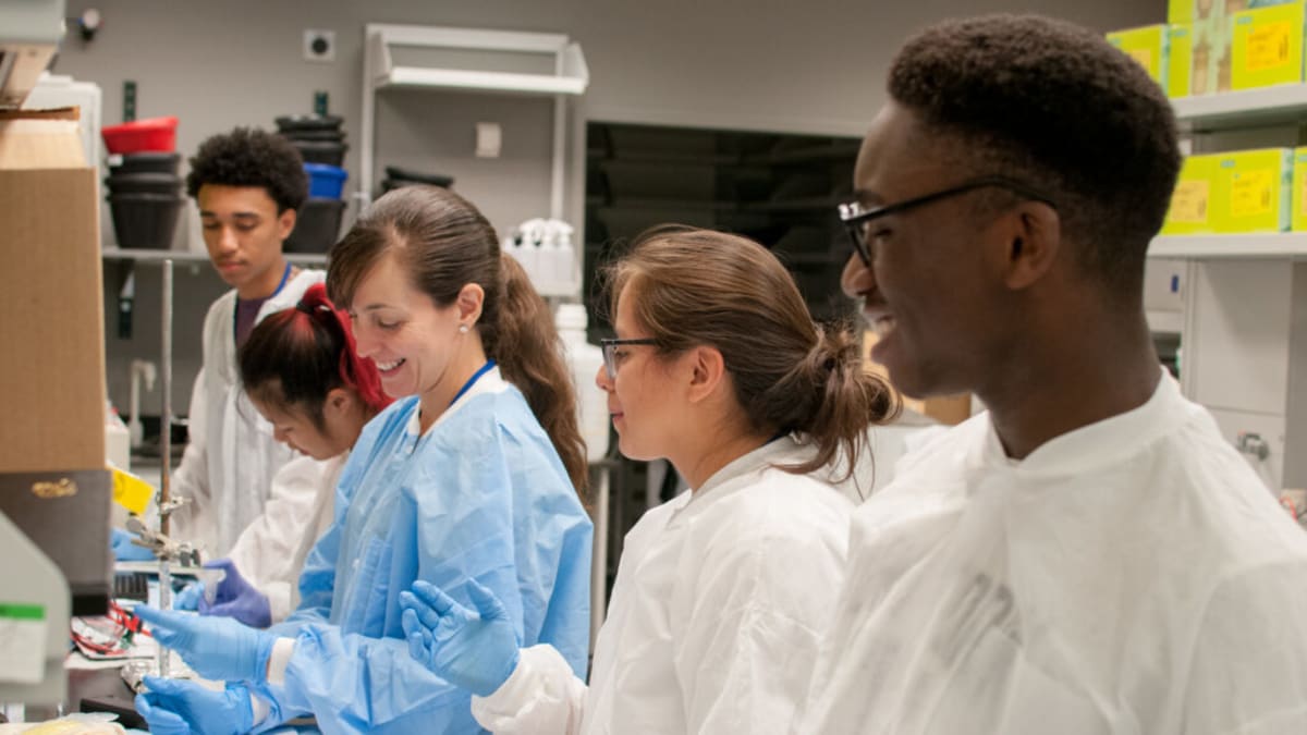 Diverse group of undergraduate students working together in university research laboratory setting