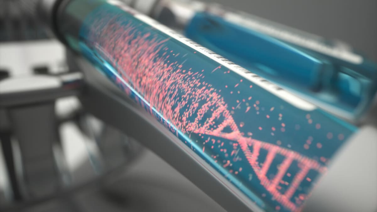 Scientist examining mRNA vaccine vial in modern medical research laboratory setting