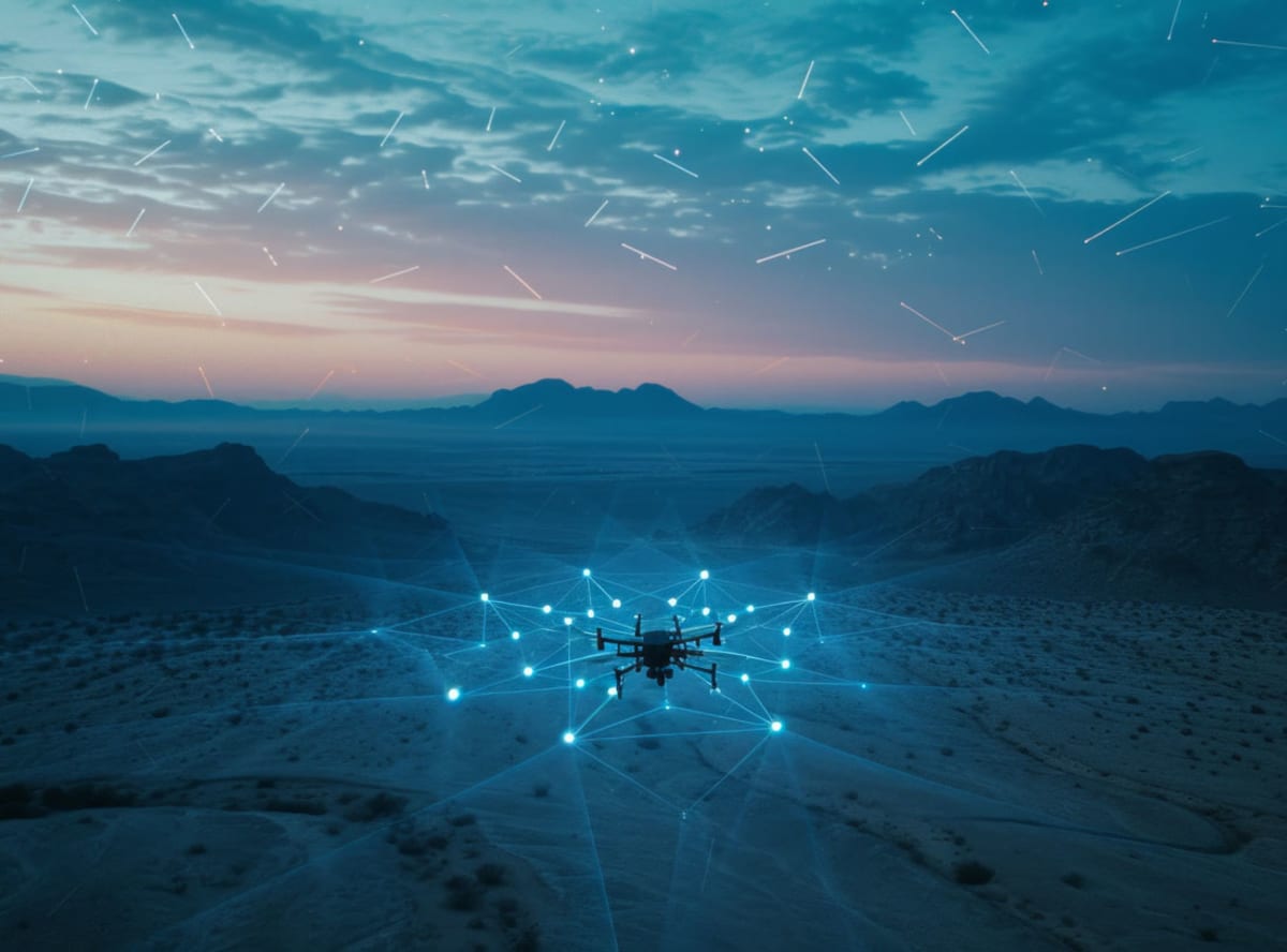 Drone flying over varied terrain using advanced navigation software without GPS signals