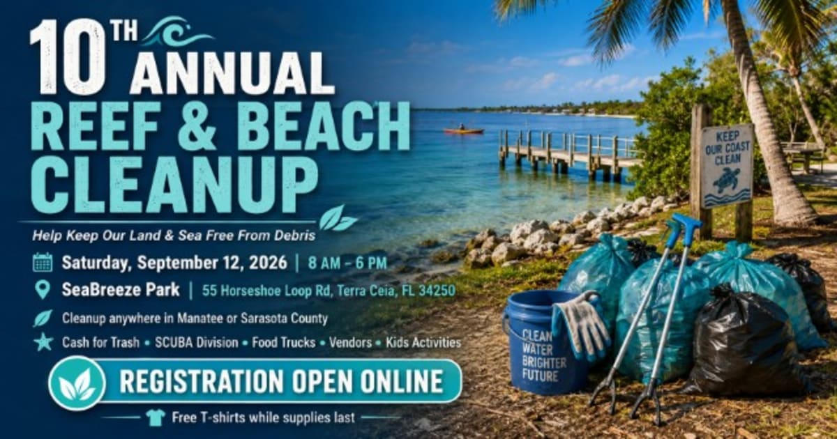 Volunteers collecting marine debris and trash during beach cleanup event in Florida coastal waters