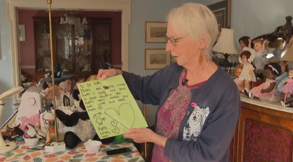 Retired seamstress Ruth Hasman repairs a well-loved teddy bear in her Vancouver home workshop