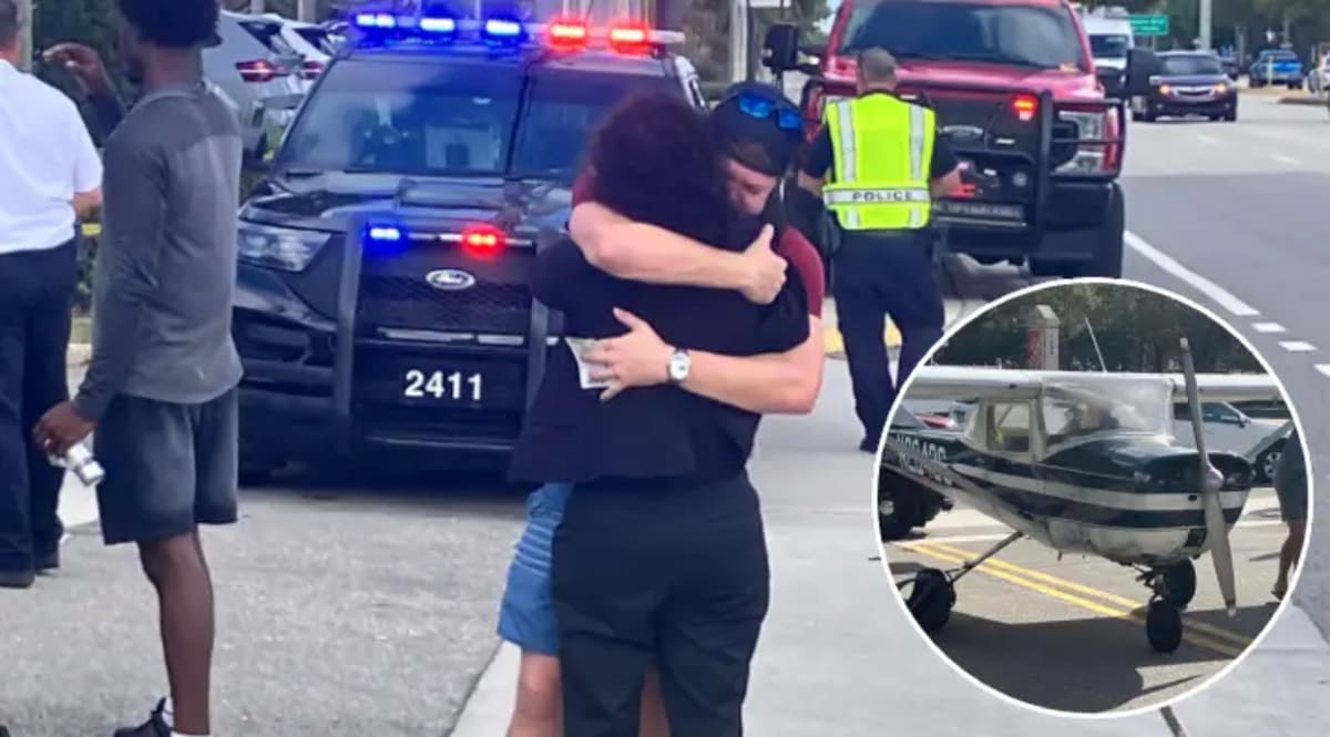 Teenage pilot Niko Bray hugging his mother after safely landing powerless plane on Florida road