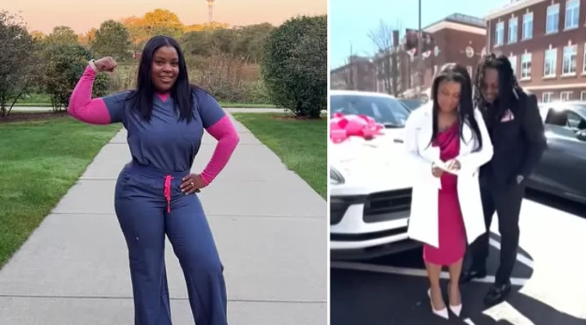 Shay Taylor celebrating her medical residency match wearing professional attire and smiling