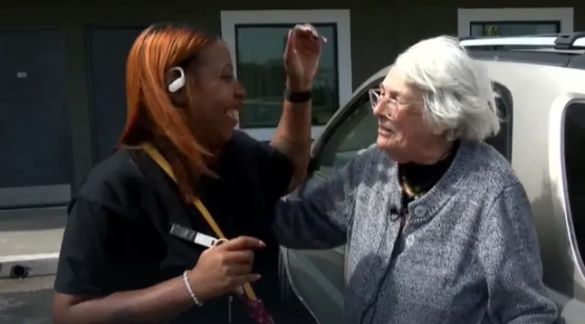 Lois Mayo and Paris Barnes smiling together, the 80-year-old widow and her Tennessee angel