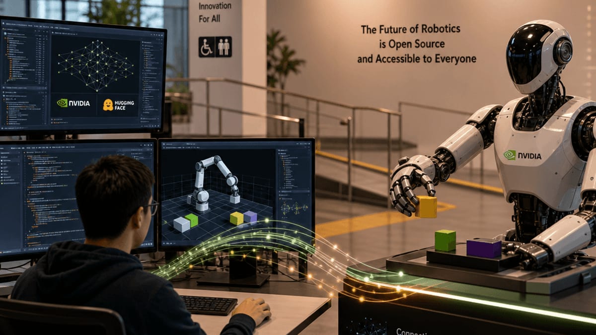Robotic arm working in simulation environment with code displayed on computer screens
