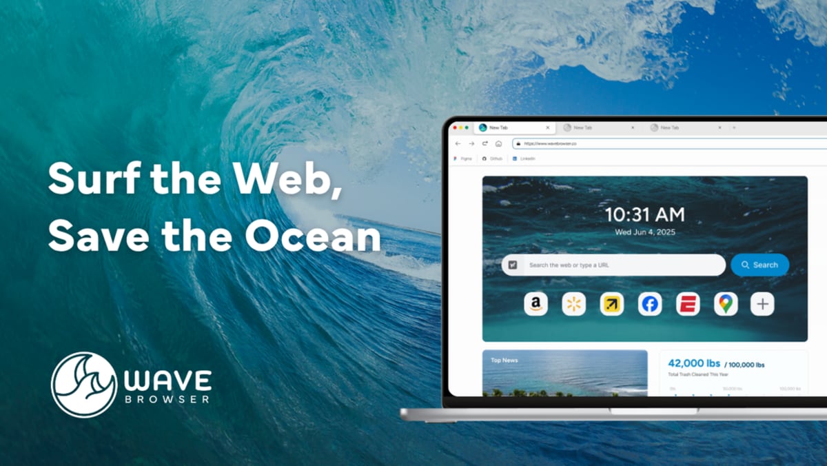 Wave Browser interface showing organized tabs and sidebar tools with ocean cleanup mission
