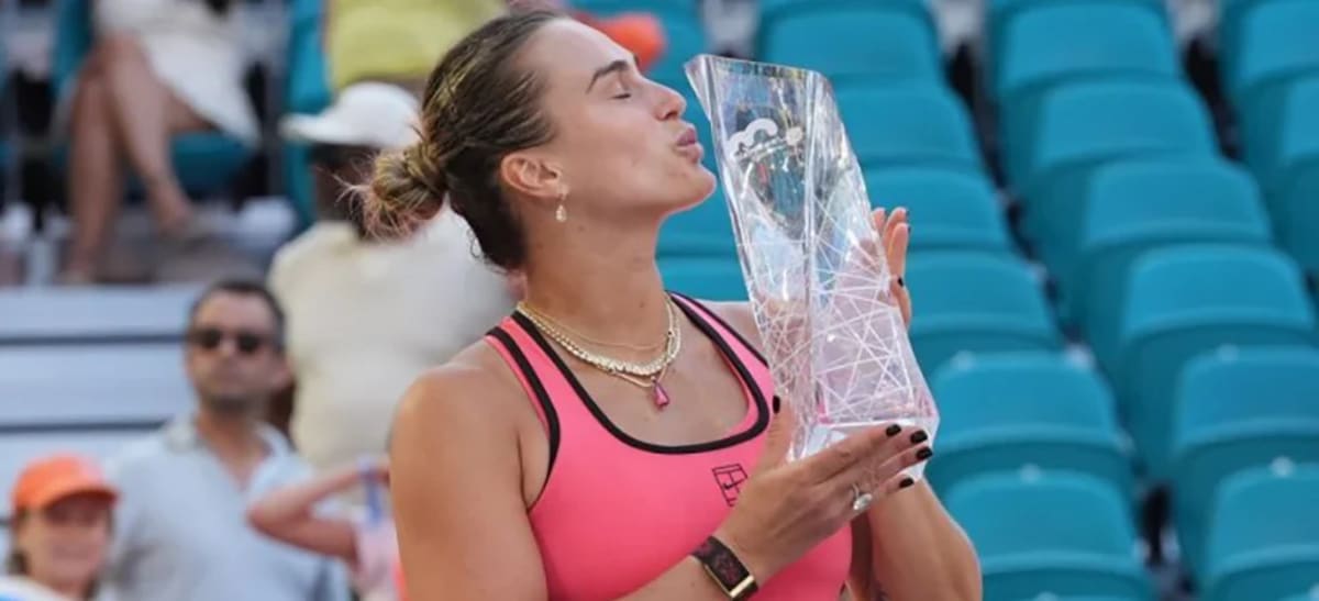 Aryna Sabalenka holding Miami Open trophy after completing historic Sunshine Double victory