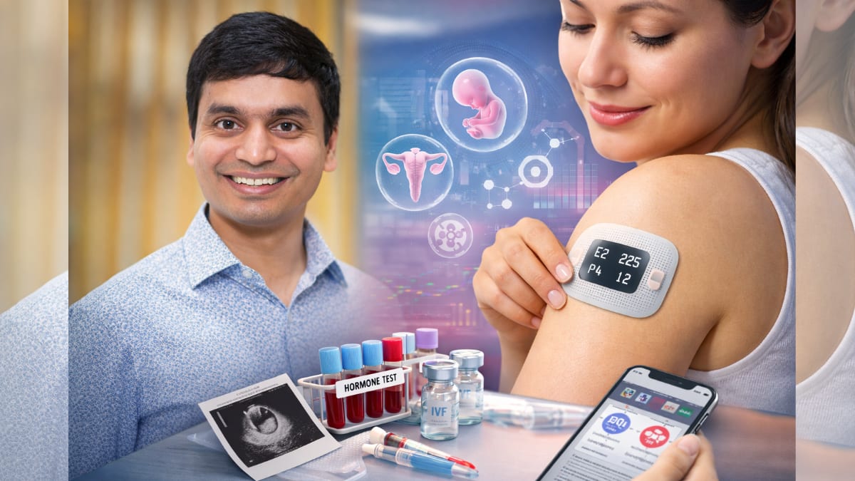 Scientist holding small wearable hormone monitoring sensor patch for fertility treatment