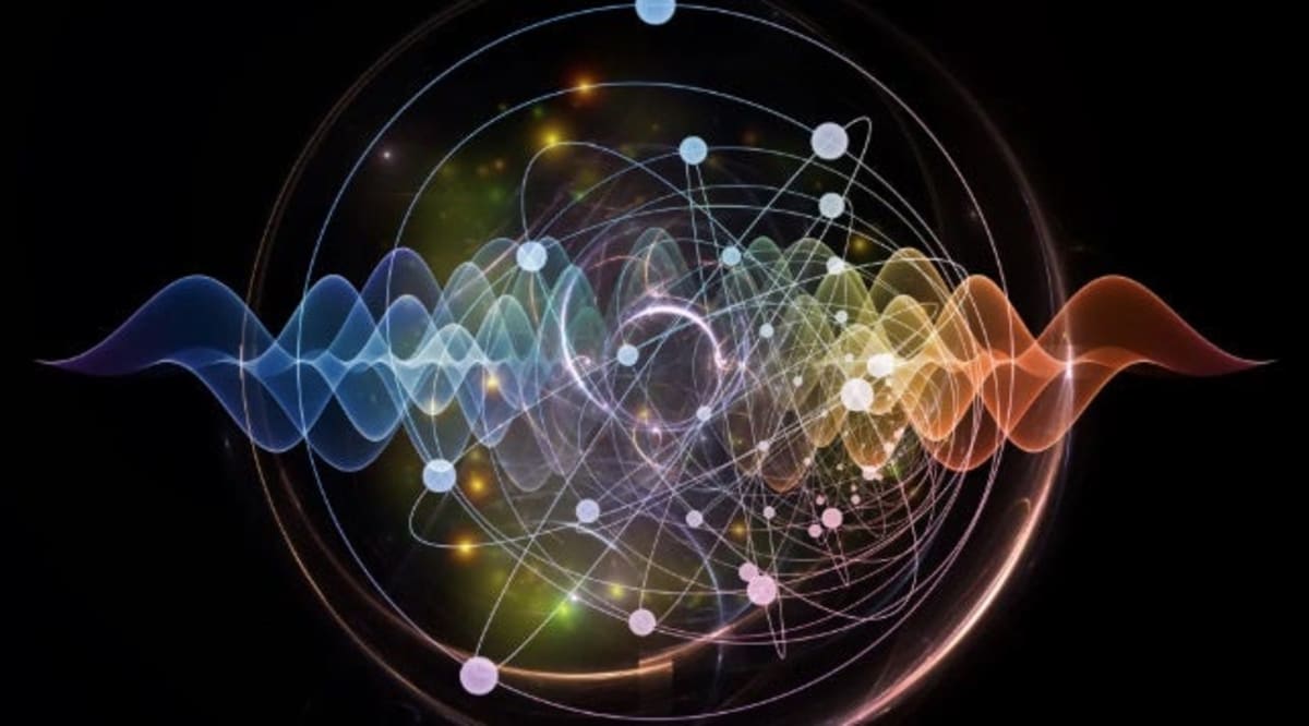 Abstract illustration of quantum sensing technology with glowing particles representing quantum states and measurement