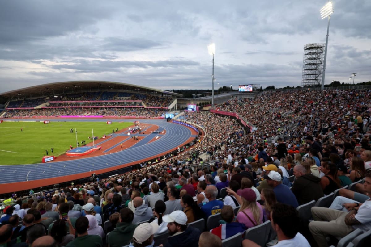 Athletes competing on track at packed Birmingham stadium during European Athletics Championships