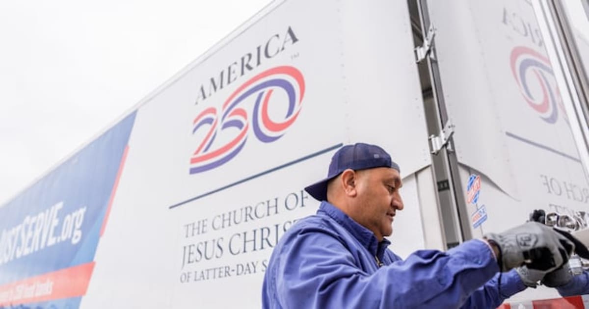 ** Volunteers organizing food donations at community storehouse for America's 250th anniversary service initiative