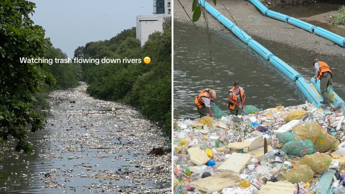 Large floating barrier stretches across Panama river collecting plastic waste and debris