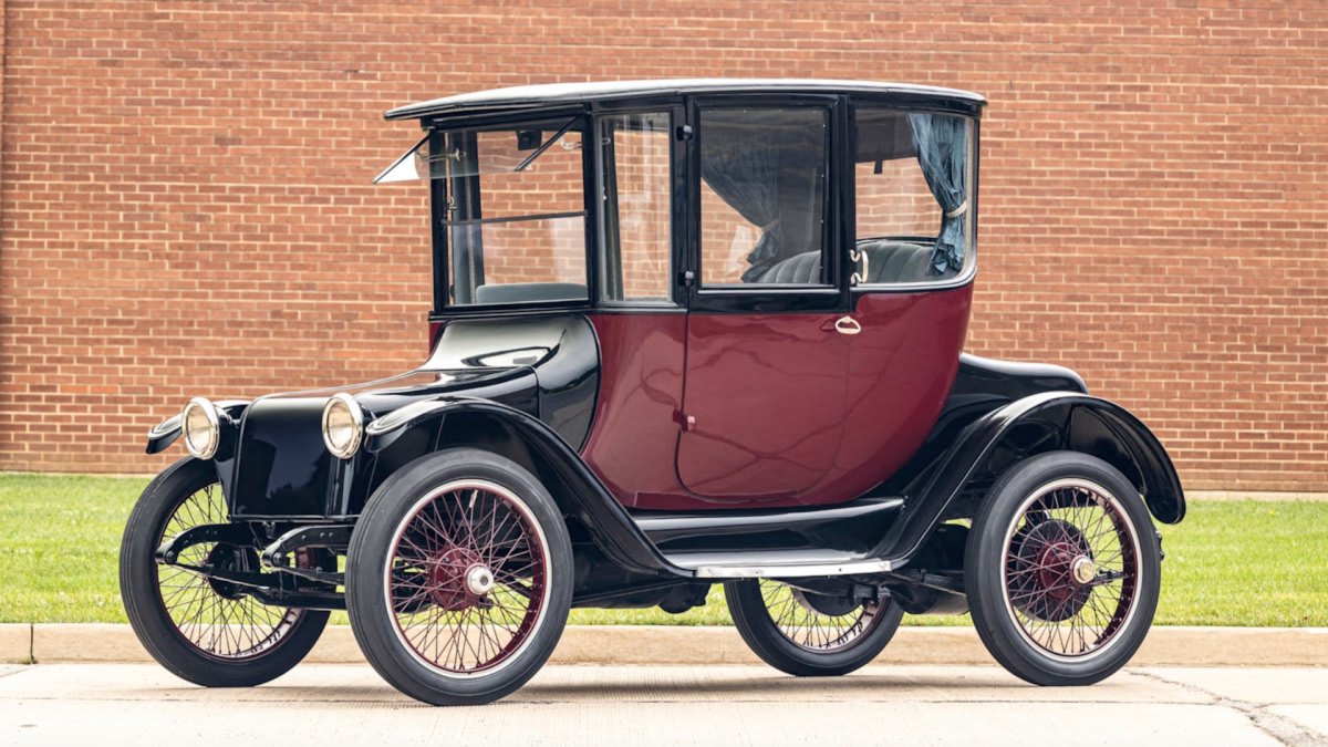 Restored 1918 Detroit Electric Model 75B Brougham coupe with elegant vintage design and modern batteries