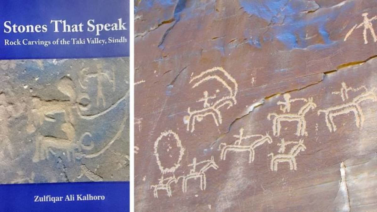 Ancient rock carving showing bull domestication scene on mountain stone wall in Pakistan's Sindh province