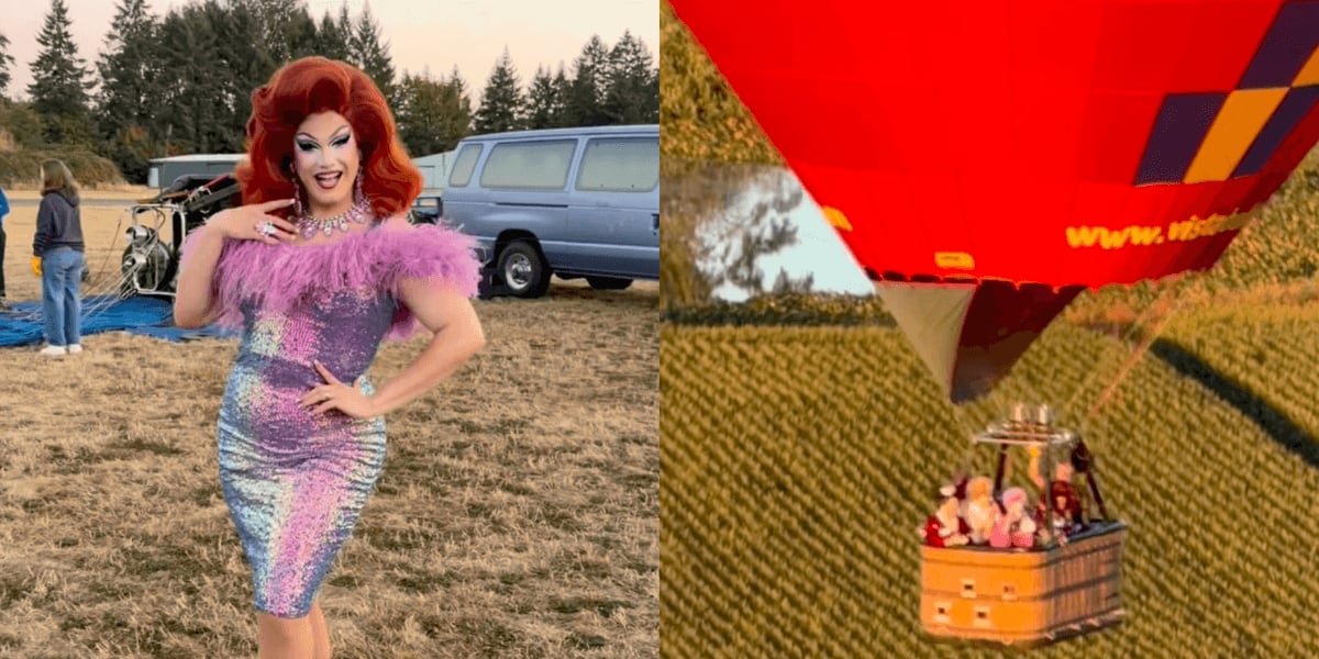 Drag queens in colorful costumes and makeup riding in hot air balloons over Oregon countryside