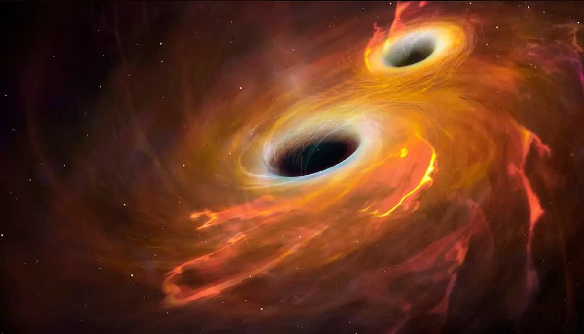 Artistic rendering of gravitational waves from colliding black holes detected by LIGO observatory