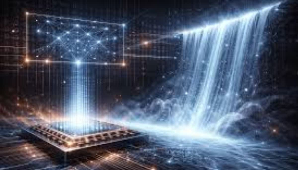 Abstract visualization of quantum computing qubits being corrected by artificial intelligence neural networks