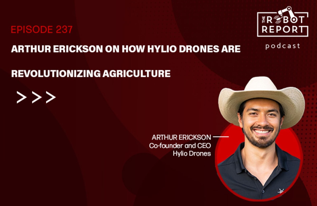 Hylio agricultural drone flying over farmland spraying crops in Texas countryside