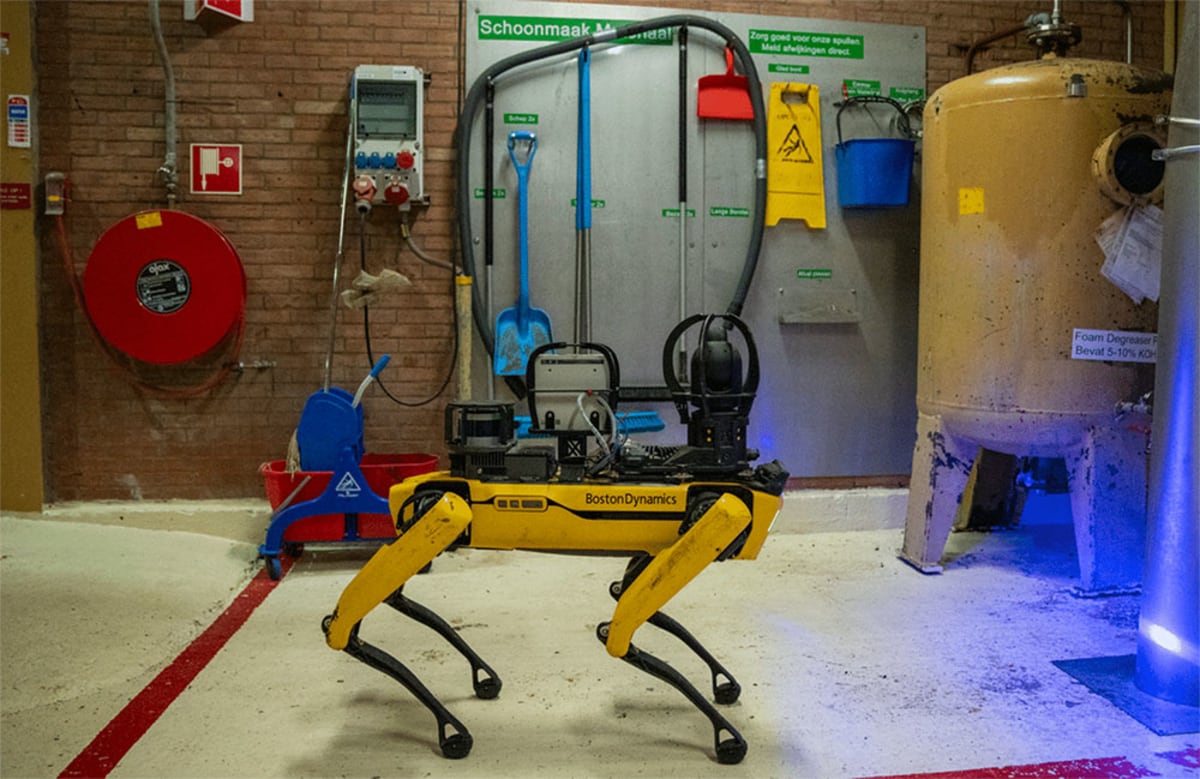 Boston Dynamics Spot robot dog with AI visual learning equipment in industrial facility