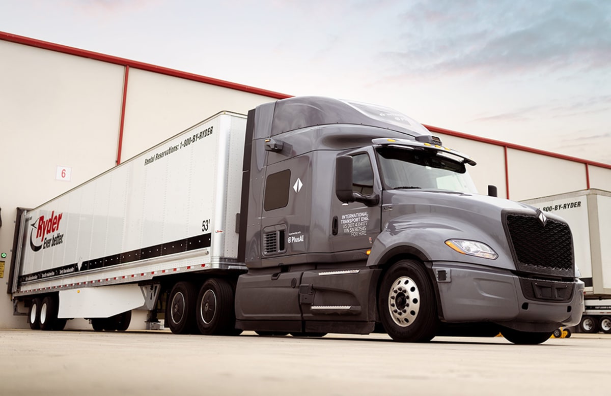 Self-driving autonomous truck traveling on California highway with modern safety technology
