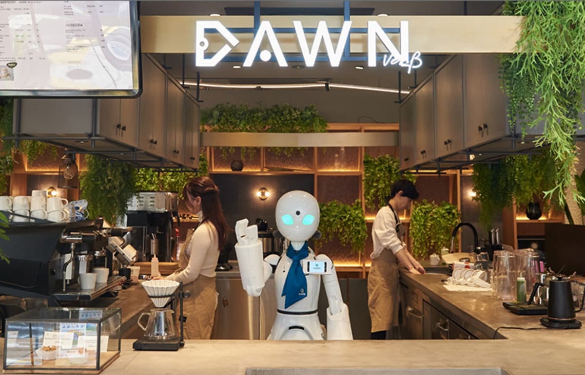 Person with disability operating cafe service robot remotely from home computer in Japan