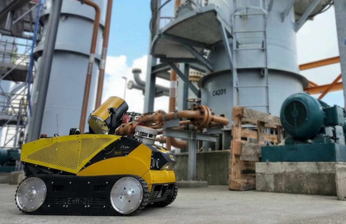 ExR-2.5 autonomous inspection robot navigating an industrial oil and gas facility with safety sensors