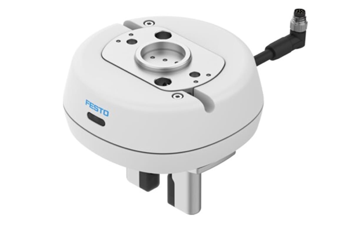 Lightweight white robotic gripper with integrated sensors mounted on collaborative robot arm