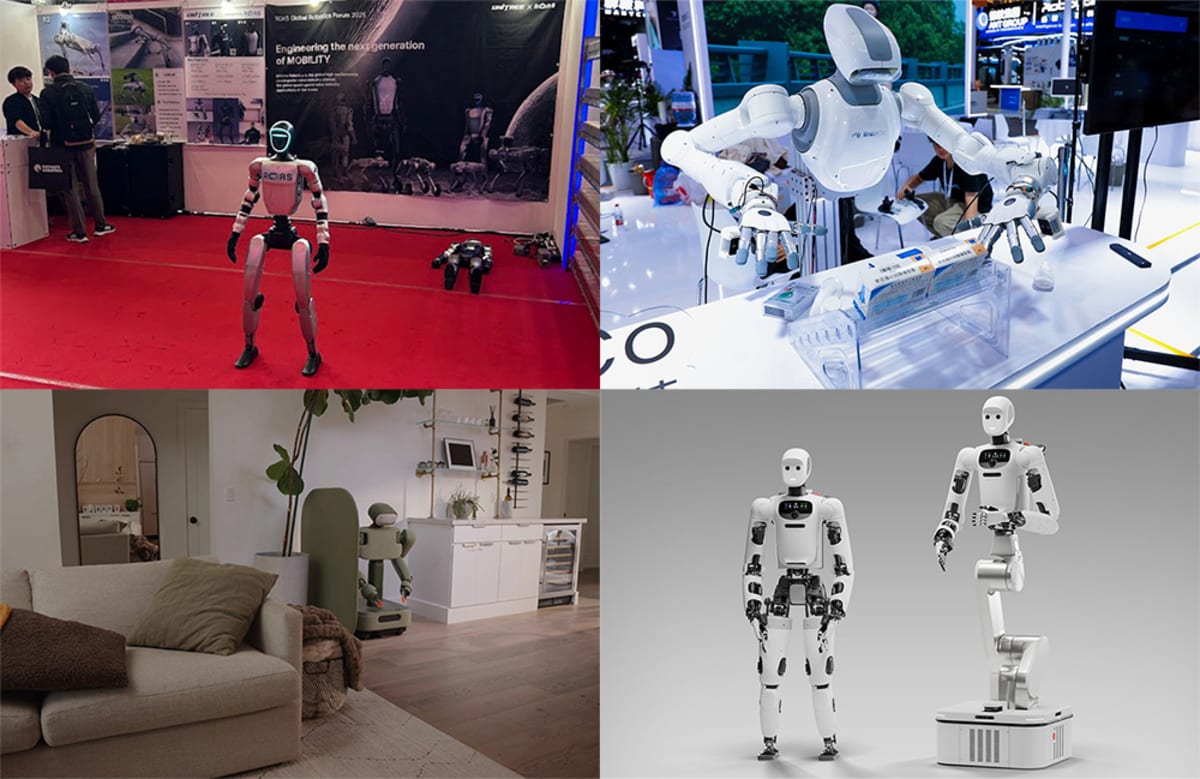 White wheeled humanoid robot folding laundry in modern home living room setting