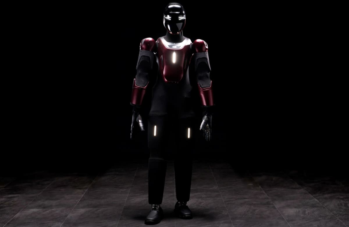 Gene.01 humanoid robot with white and dark exterior standing upright demonstrating full-body sensor capabilities