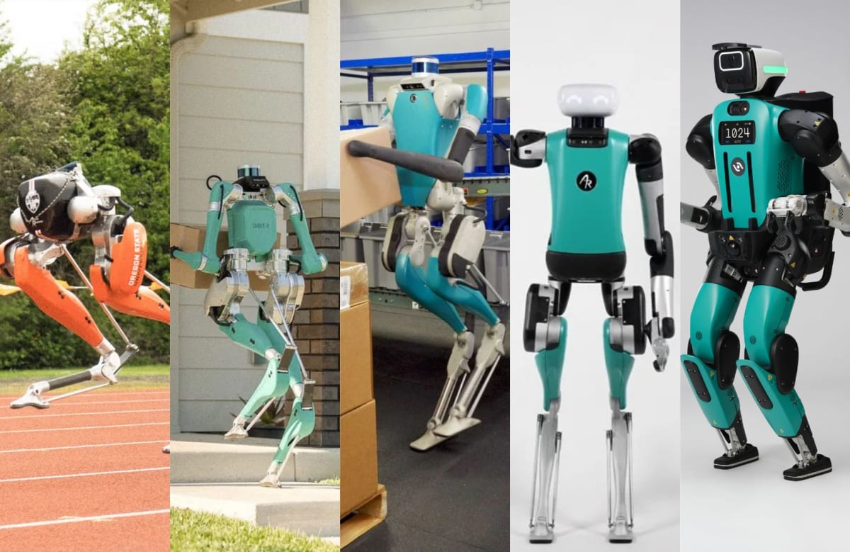 Evolution of Agility Robotics humanoid robots from Cassie to Digit 5 lined up side by side