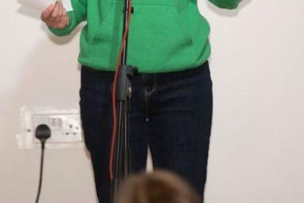 Mick Rowe speaking at Stand Up To Suicide comedy night in Silkstone with supportive audience