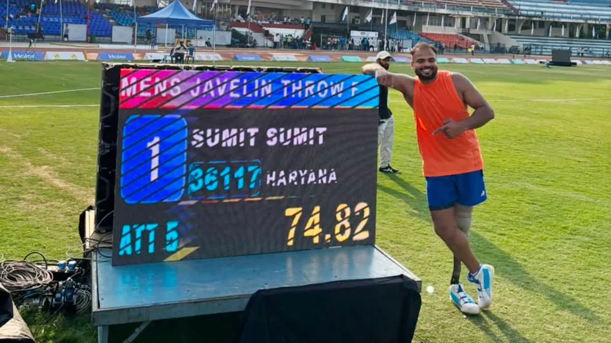 Paralympic javelin thrower Sumit Antil competing in blue uniform at Indian athletics championship