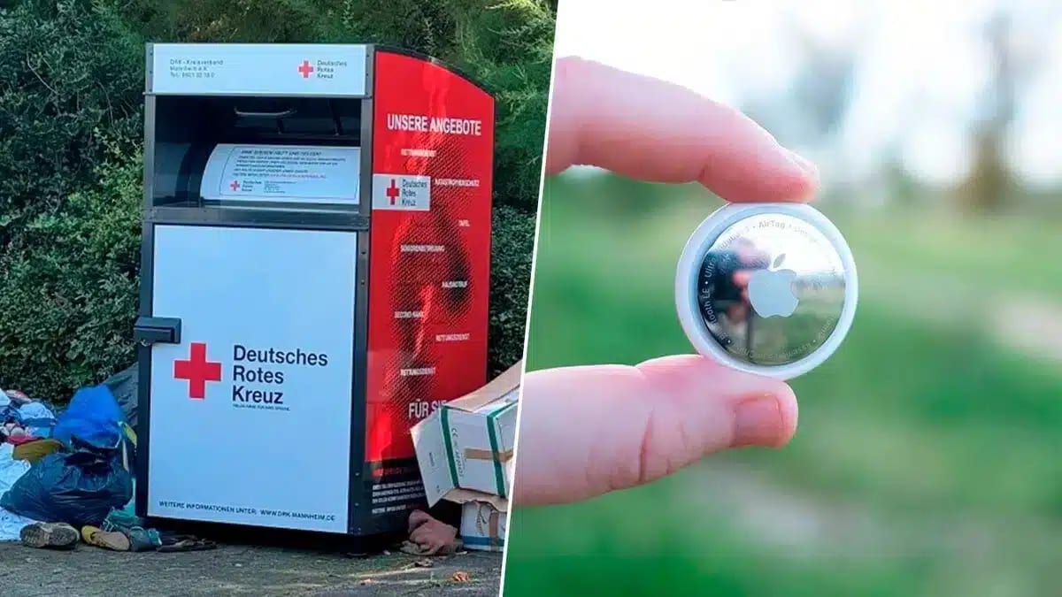 Pair of sneakers in donation bin with hidden tracking device inside