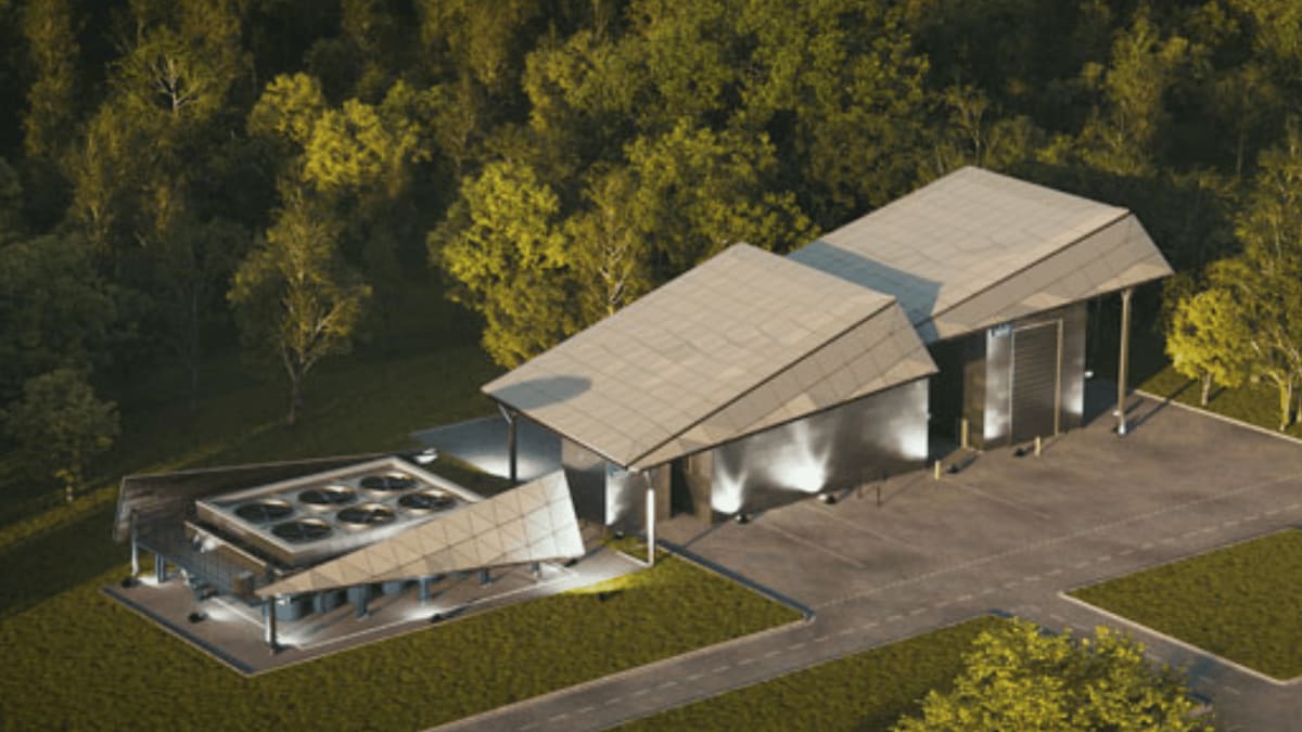 ** Digital rendering of compact Rolls-Royce advanced modular nuclear reactor facility with cooling towers