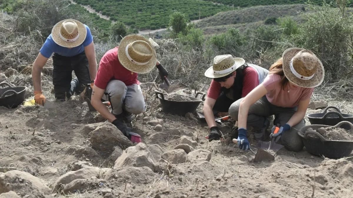 Aerial view of ancient Byzantine monastery ruins excavated in southern Spain's Almería region