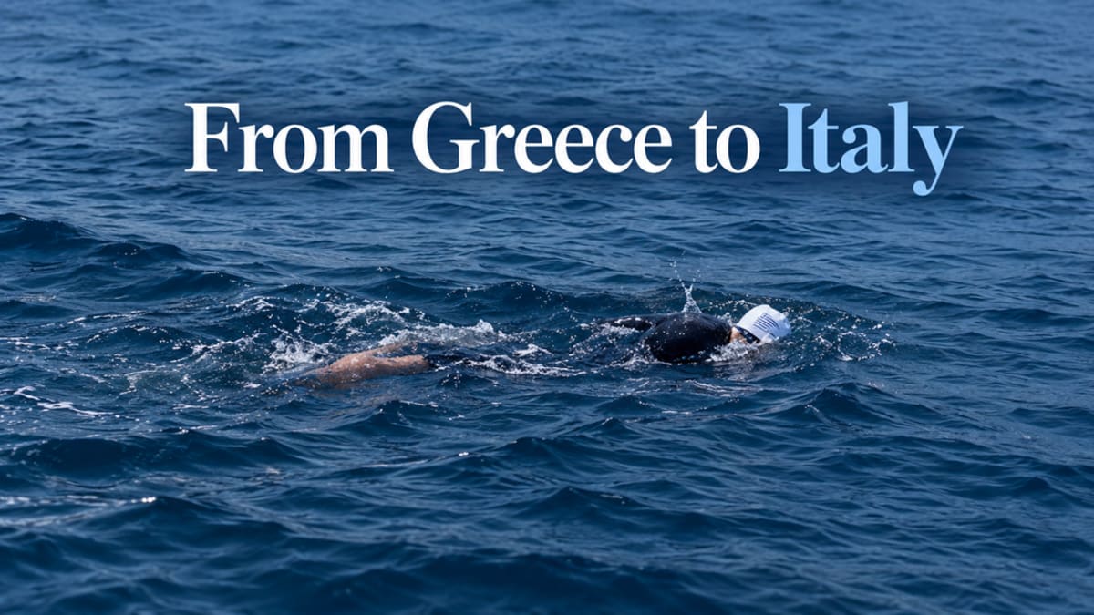 Greek swimmer Spyros Chrysikopoulos completing historic Greece to Italy open water crossing