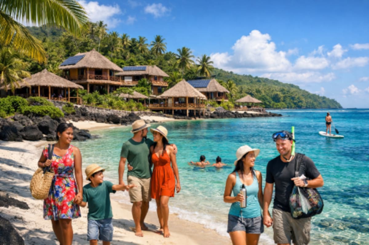 Pristine Samoan beach with clear turquoise water and white sand protected by new sustainability standards