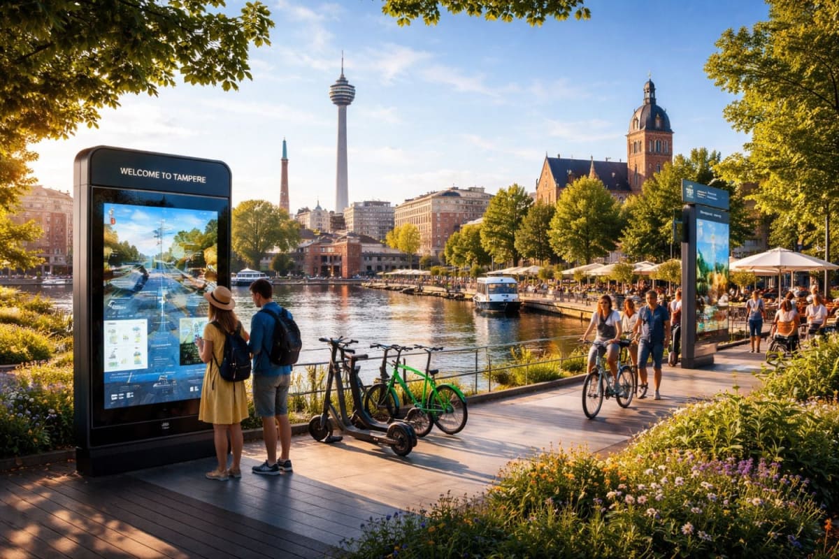 Modern Finnish city skyline with green spaces and historic industrial buildings in Tampere