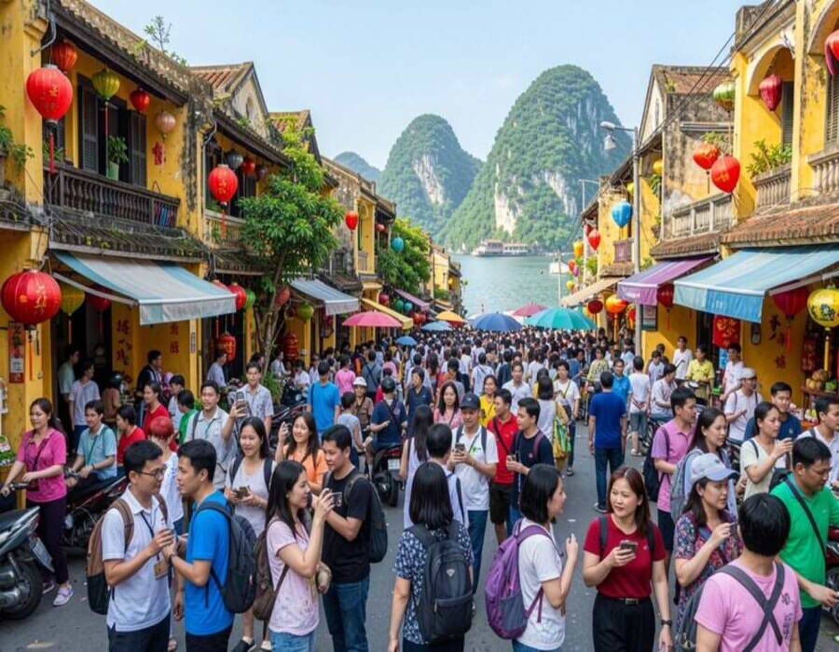 Aerial view of Vietnam's scenic coastline with beaches and traditional boats welcoming tourists