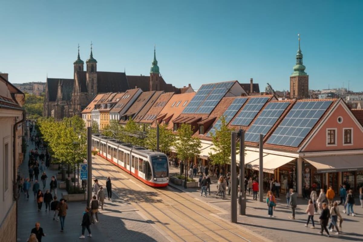 ** Modern European city with solar panels and electric trains representing sustainable green tourism infrastructure