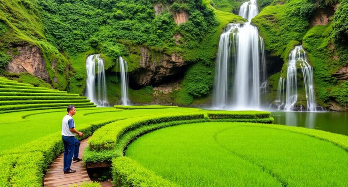 Tourists cycling through lush green Vietnamese countryside on sustainable eco-tourism adventure