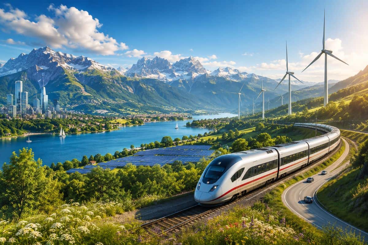 Modern wind turbines and solar panels in Austrian Alpine landscape with mountains