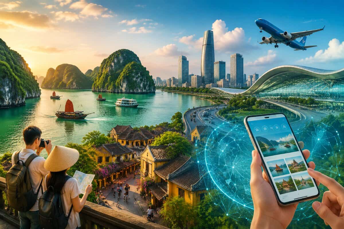 Aerial view of Vietnamese coastal tourism destination with traditional boats and modern infrastructure