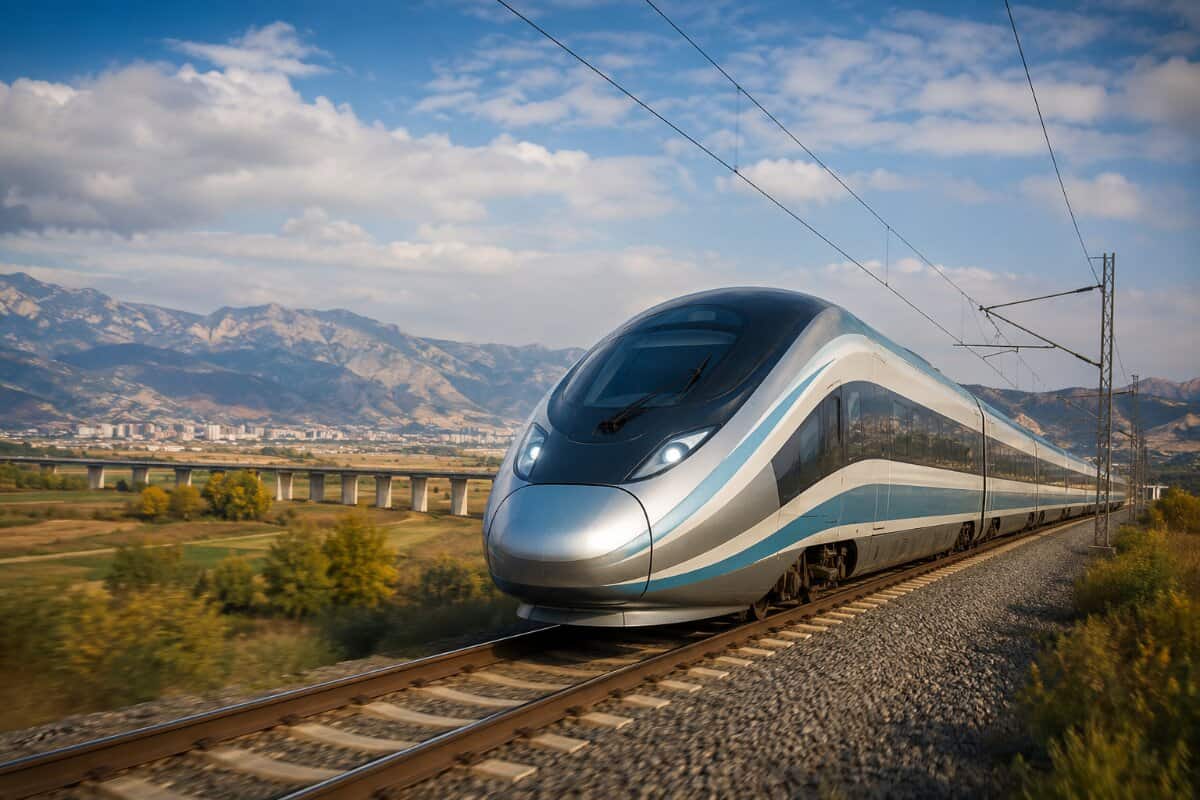 Modern silver high-speed train on test tracks in Turkey traveling at high velocity