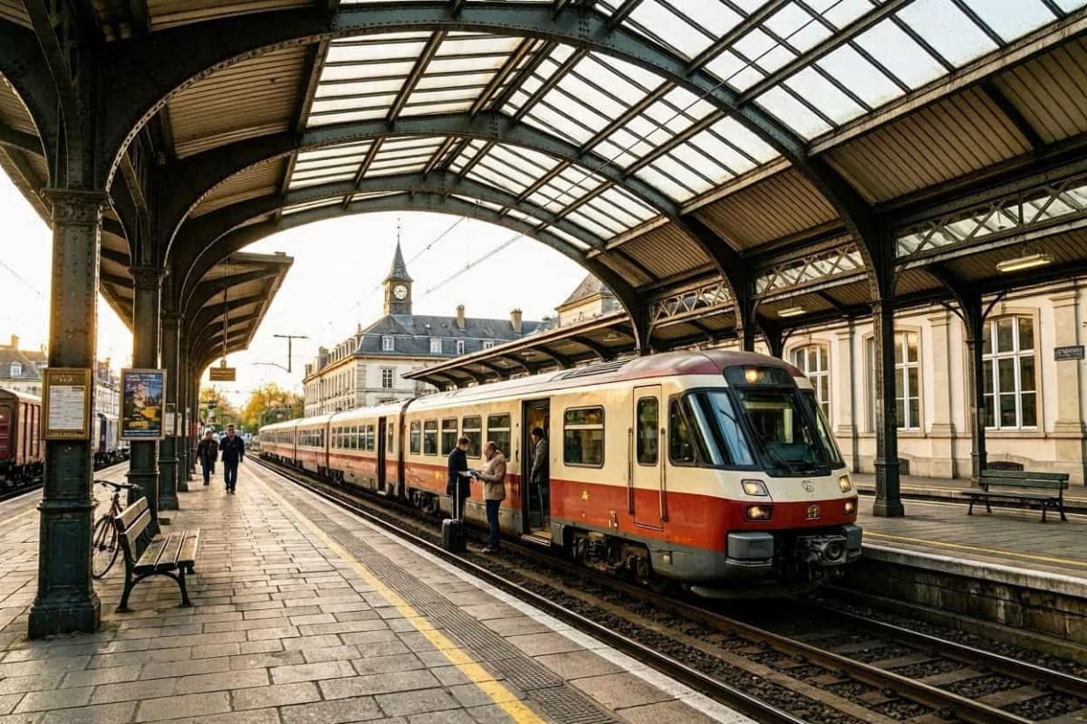 Modern high-speed TGV train traveling through scenic European countryside between Belgium and Switzerland